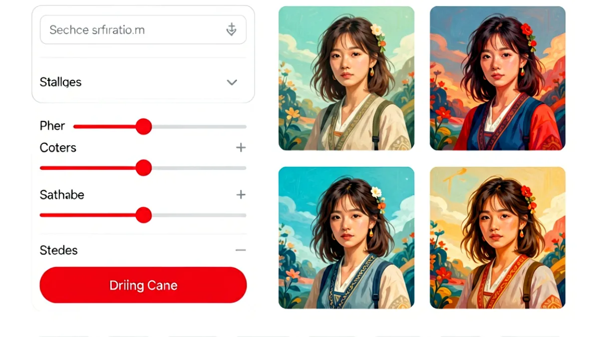 AI绘画平台界面示意图，左侧输入提示词文本框，右侧生成四宫格插图，界面以白色为底红色按钮点缀
